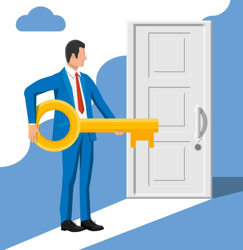 Businessman standing in front of closed door holding big key. Solution, winning, future, business success concept. Key to open door of big opportunities. Achievement and goal. Flat vector illustration