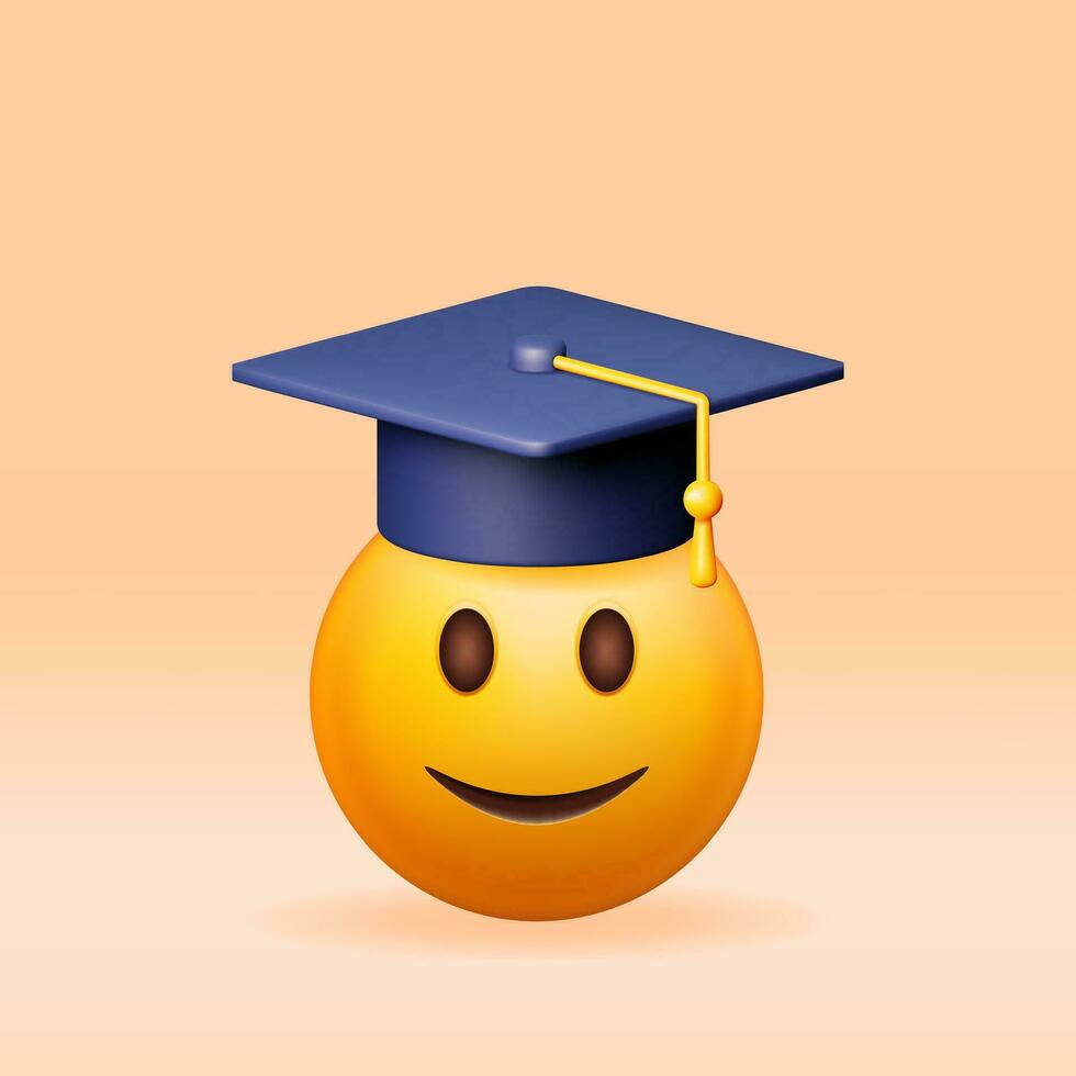 3D Happy Smiling Emoticon in Graduate Cap Isolated. Render Smile Student in Graduation Hat. Mortarboard Hat with Tassel. Education, Degree Ceremony Concept. Vector Illustration