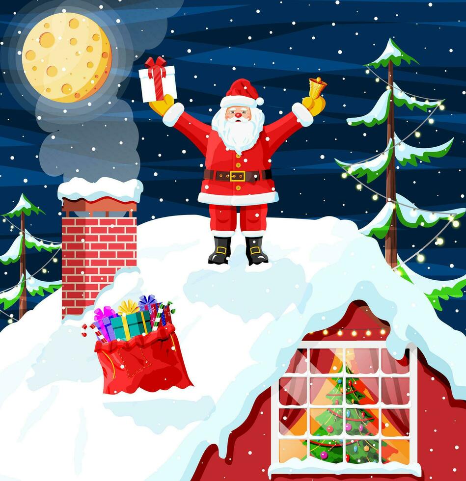 Santa claus with bag with gifts at house roof. Fir tree in window. Happy new year decoration. Merry christmas eve holiday. New year and xmas celebration. Vector illustration in flat style