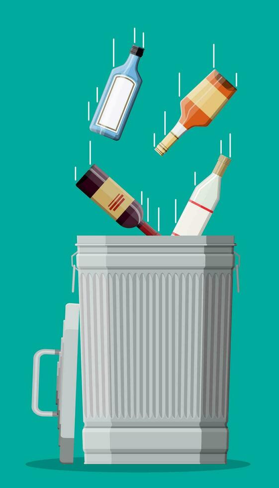 Alcohol abuse concept. Various bottles with booze and trash bin. Stop alcoholism. Rejection. Vector illustration in flat style.