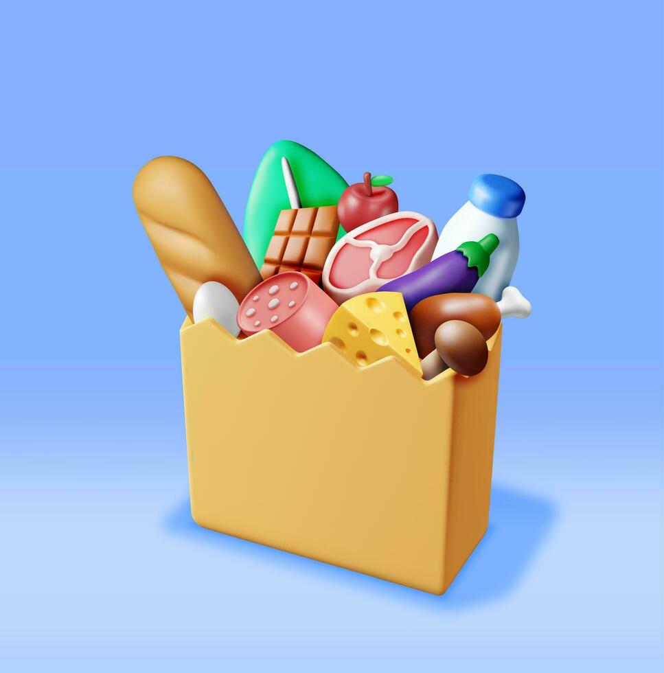 3D Shopping Paper Bag with Fresh Products. Render Grocery Store, Supermarket. Food and Drinks. Milk, Vegetables, Meat Chicken, Cheese, Sausage, Salad, Bread, Chocolate and Egg. Vector illustration