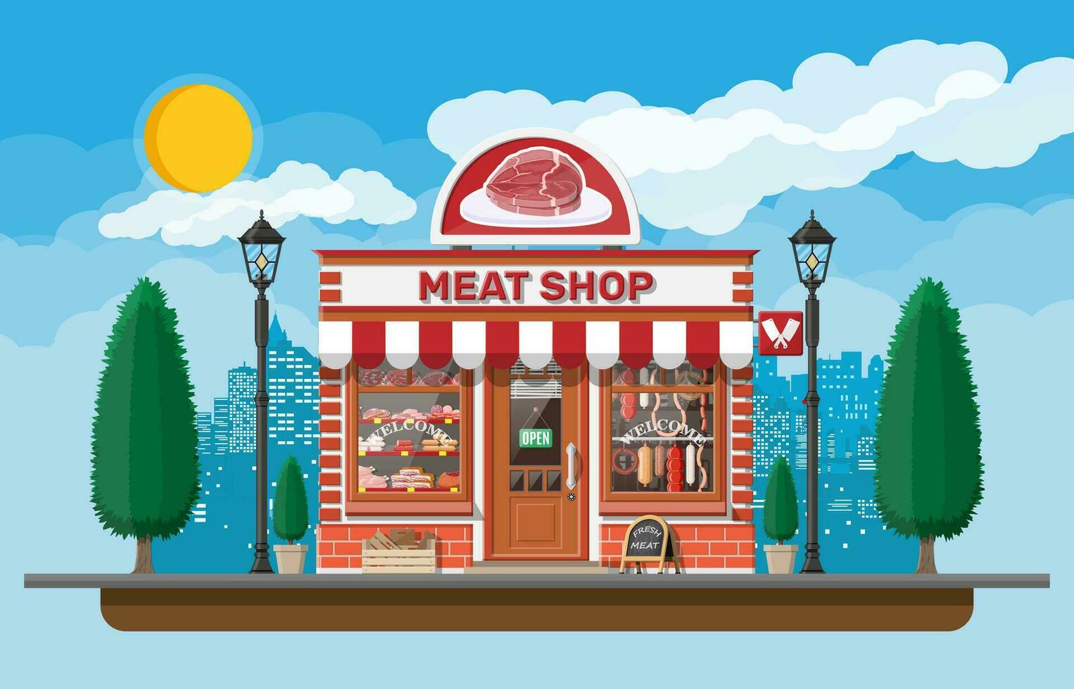 Vintage butcher shop store facade with storefront. Meat street market. Meat store stall showcase counter. Sausage slices delicatessen gastronomic product of beef pork chicken. Flat vector illustration