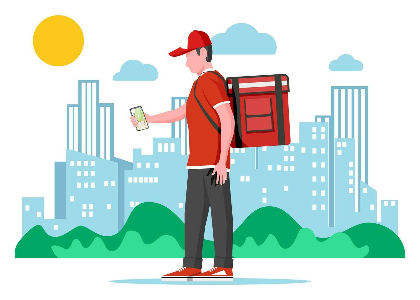 mensajero en rojo uniforme recepción el en línea orden en teléfono. hombre con caja. personaje con mochila parcela. gratis y rápido Envío y entrega, en línea orden. vector ilustración en plano estilo