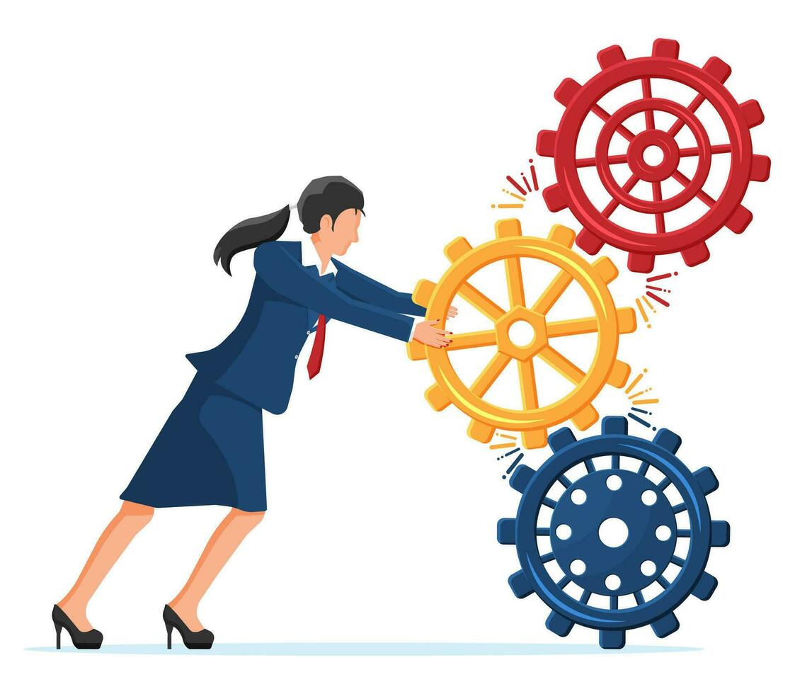 Businesswoman Character Joining Three Gears Together. Business Team and Teamwork Concept. Partnership, Business, Cooperation, Collaboration and Management. Idea of Team Work. Flat Vector Illustration