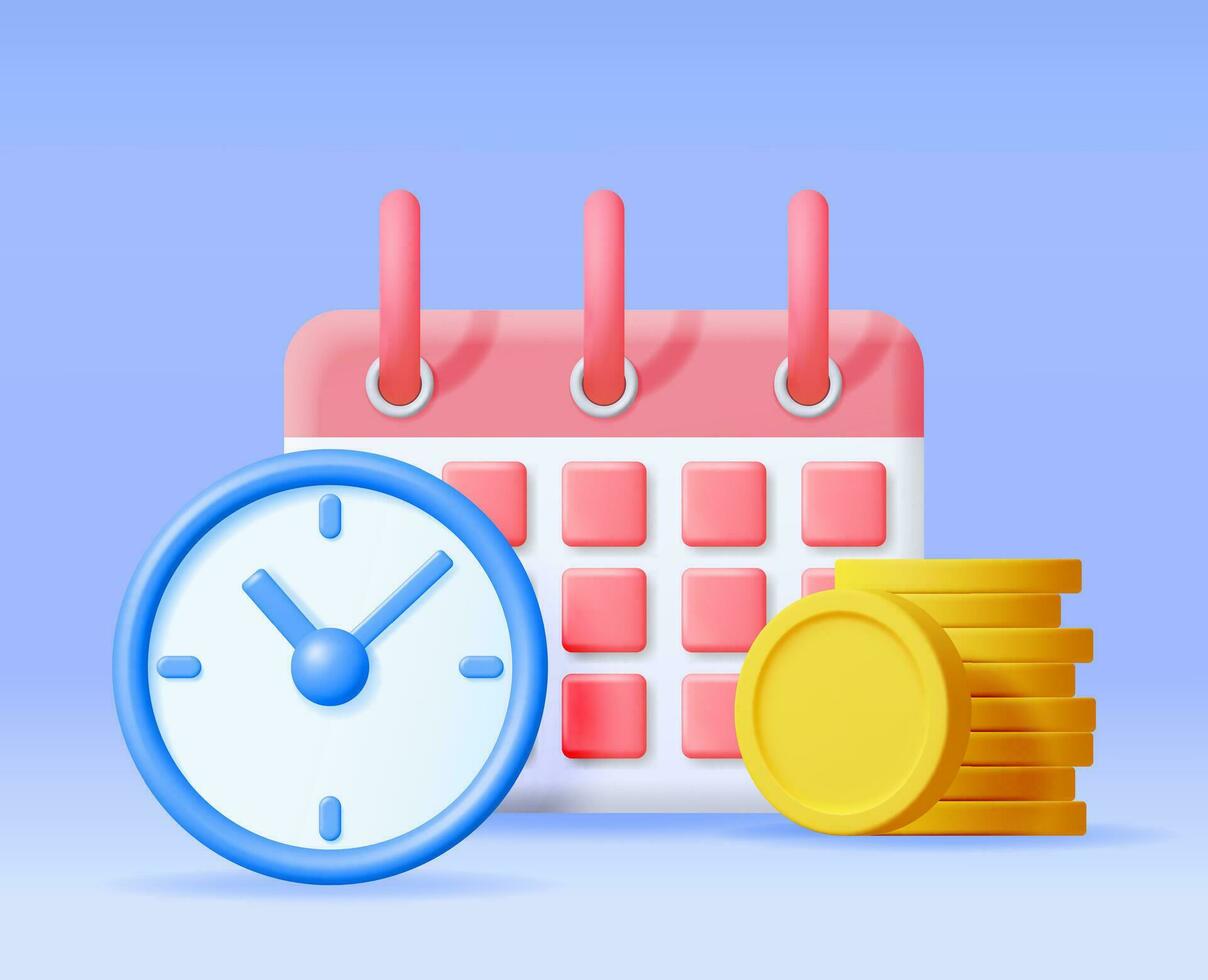 3D Clock, Calendar and Golden Coins Isolated. Render Time is Money Concept. Annual Revenue, Financial Investment, Savings, Bank Deposit, Future Income, Business Money Benefit. Vector Illustration