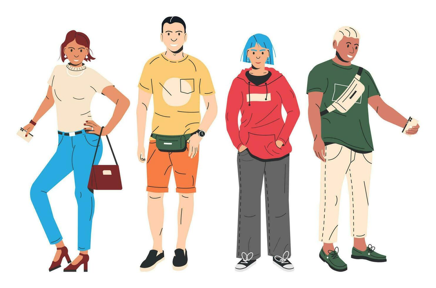 grupo de Moda personas caracteres. joven hombre y mujer en de moda atuendo en pie juntos. chicos y muchachas con diferente peinados y etnias en elegante casual ropa. plano vector ilustración