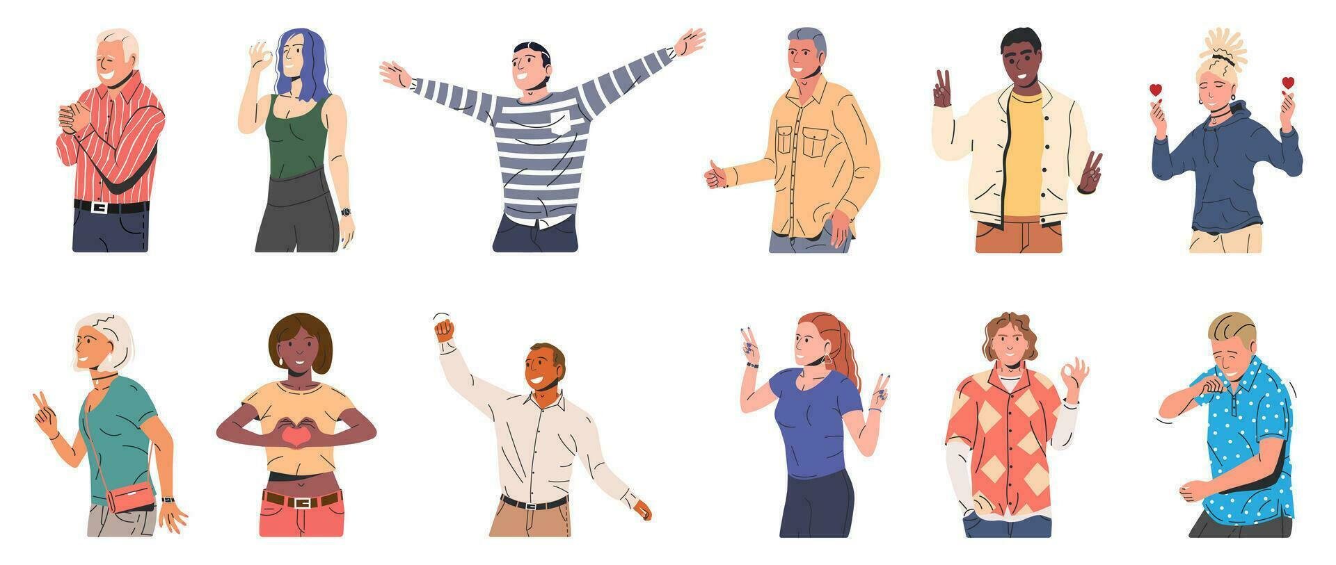 Set of Happiness Emotions Symbols. Various People Showing Positive Body Language Gestures. Woman and Man Show Victory, Heart, Love and Thumb Up Symbols. Happy People. Cartoon Flat Vector Illustration