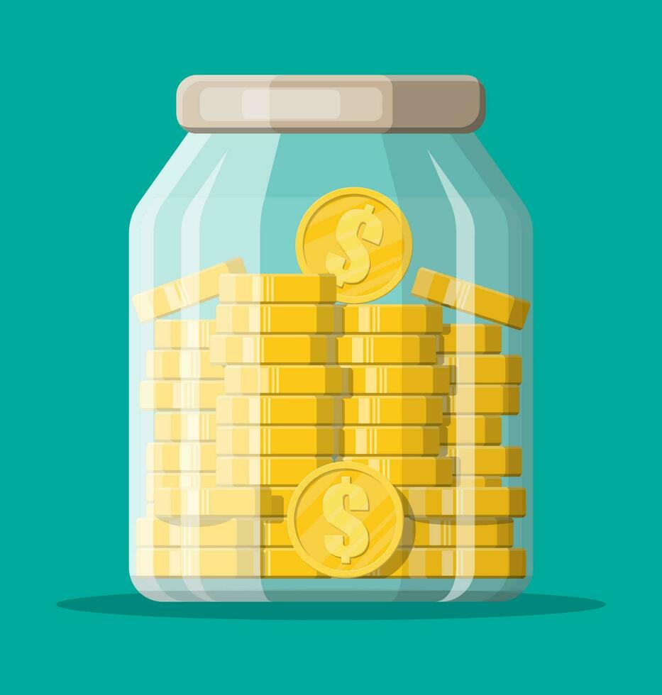 Glass money jar full of gold coins. Saving dollar coin in moneybox. Growth, income, savings, investment. Symbol of wealth. Business success. Flat style vector illustration.