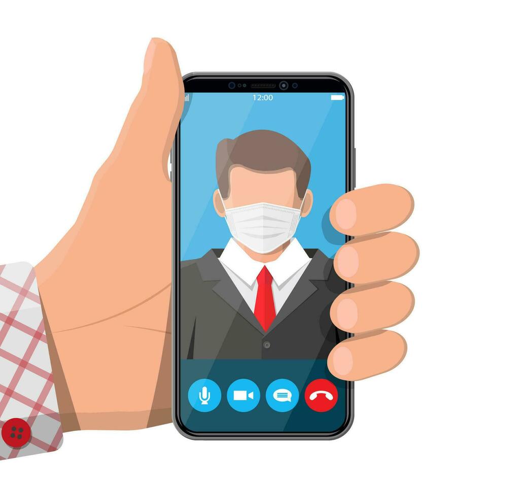Smartphone with conference. Speaker businessman in medical mask video call online training live stream. Self isolation during covid-19 ncov coronavirus pandemic quarantine. Flat vector illustration