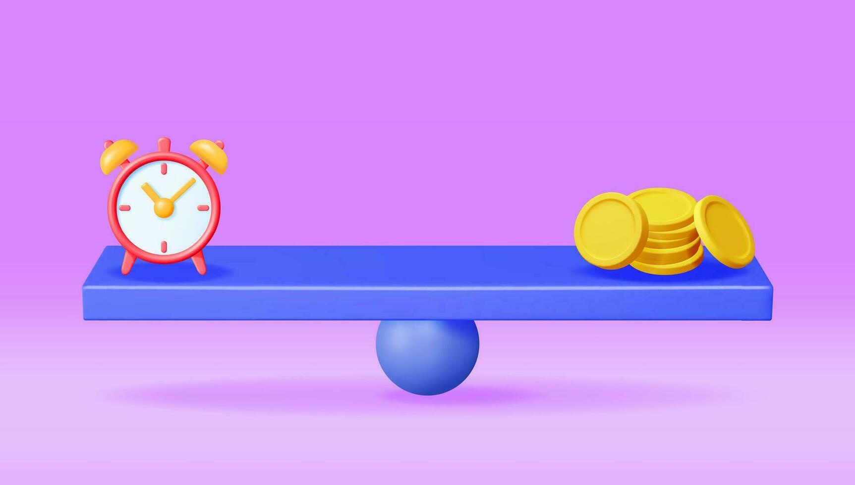 3d reloj y dinero en equilibrar escamas aislado. hacer hora es dinero concepto anual ganancia, financiero inversión, ahorros, banco depósito, futuro ingreso, dinero beneficio. vector ilustración