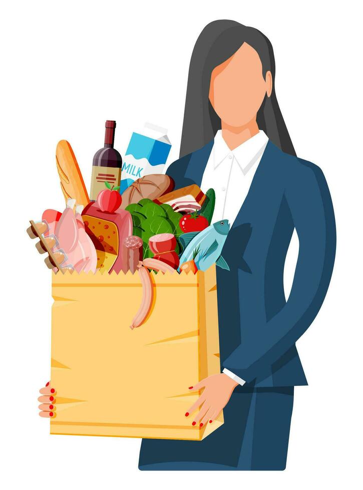 Woman with shopping bag full of fresh products. Grocery store supermarket. Food and drinks. Milk, vegetables, meat, chicken cheese, sausages, salad, bread cereal steak egg. Flat vector illustration