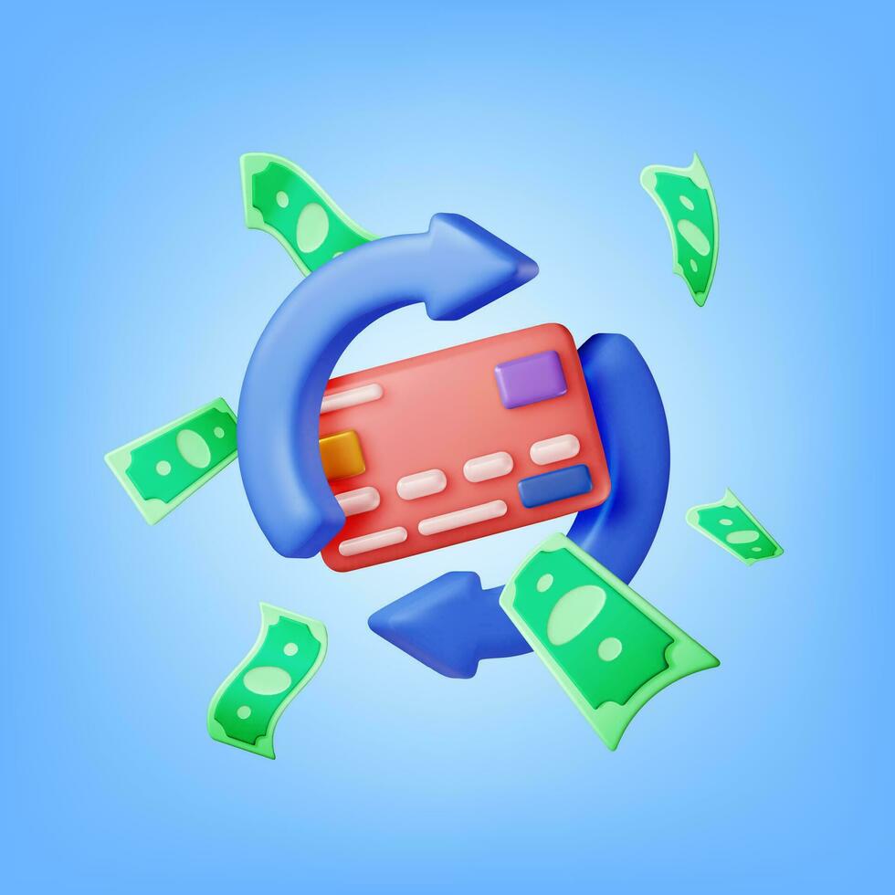 3D Round Arrow with Bank Card and Dollars. Render Cashback or Return Money in Shopping. Concept of Payment with Money Back. Refund and Digital Payment. Return of Investment. Vector Illustration