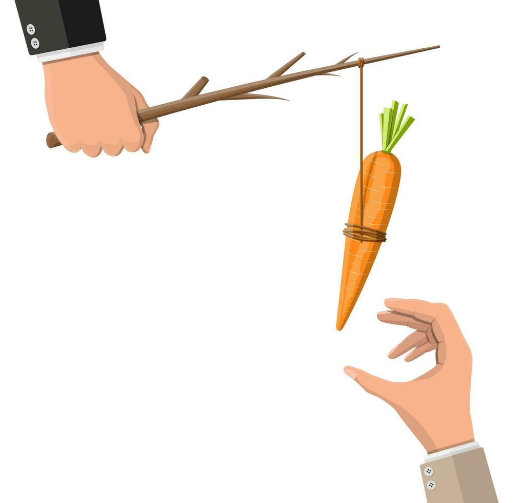 Carrot on a stick in hand. Motivation, stimulus, incentive and reaching goal concept metaphor. Fishing wooden stick with hanging carrot vector