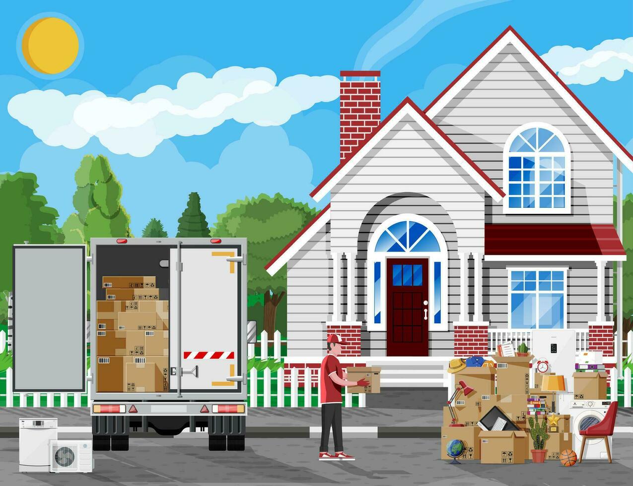 Moving to new house. Family relocated to new home. Male mover, paper cardboard boxes near house, delivery truck. Package for transportation. Household items and electronics. Flat vector illustration