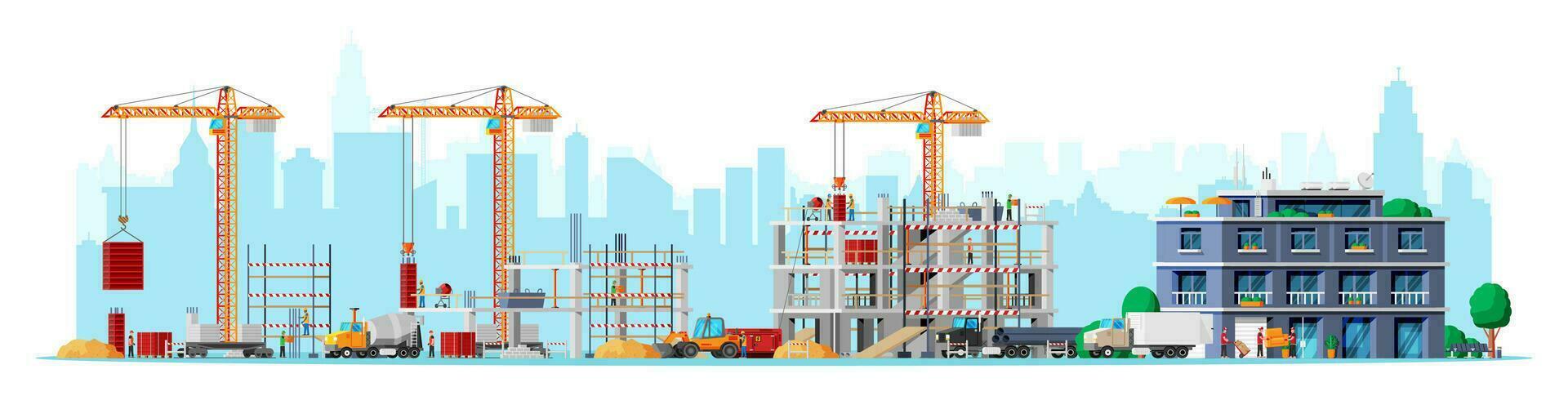 Construction Site Stages Isolated on White. Different Stages of Construction Process. Building Under House. Building Activity, Working Cranes, Workers and Machines. Cartoon Flat Vector Illustration