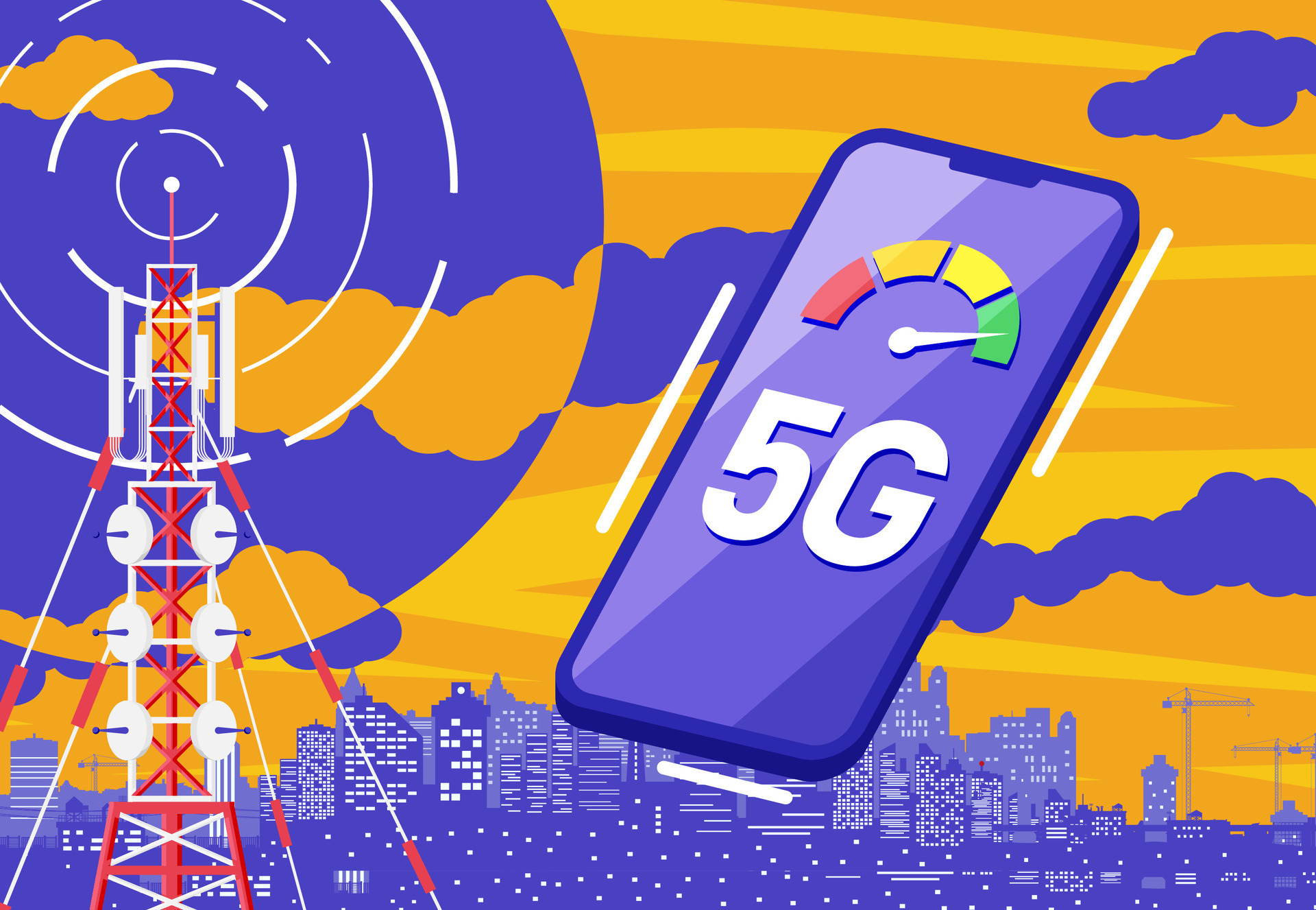 Mobile Smartphone and 5G Communication Tower. Transmission Cellular