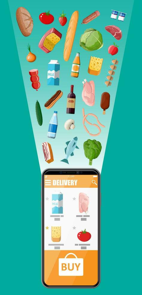 Smartphone with shopping app. Grocery store delivery. Internet order. Online supermaket. Shopping mall, food and drinks. Milk, vegetables, meat, cheese. Flat vector illustration