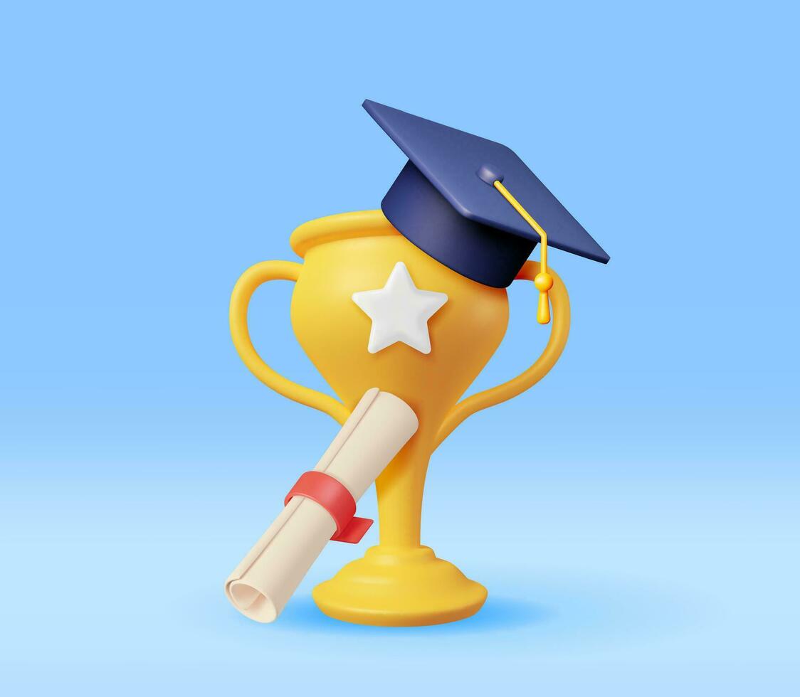 3d oro trofeo, diploma y graduación gorra aislado. hacer dorado taza y educación sombrero. diploma o acreditación. objetivo y logro. negocio graduación concepto. vector ilustración