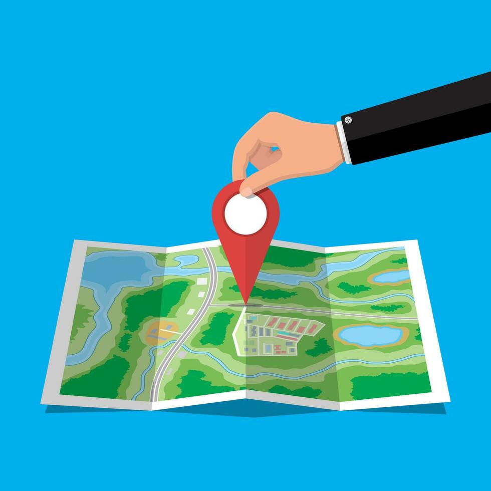 Location pin in hand and paper map. City map with houses, parks, streets and roads. City aerial view. GPS, navigation and cartography. Vector illustration in flat style