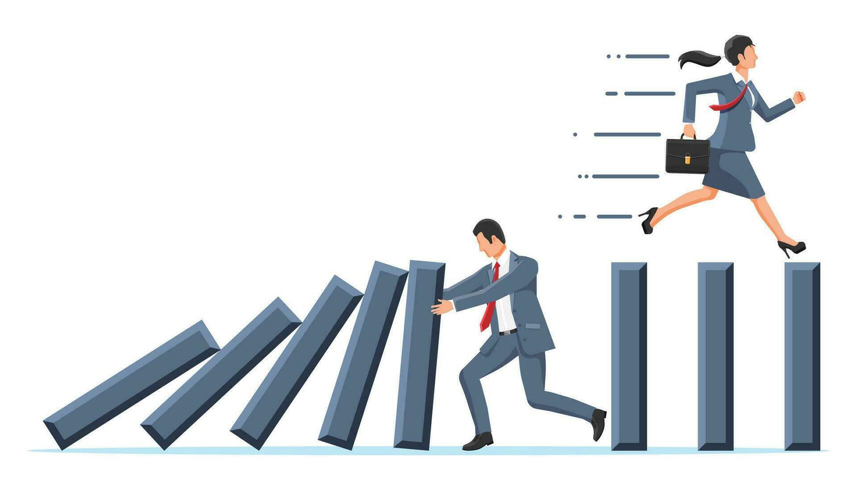 Businessman stopping domino effect. Business man stops falling dominoes. Finishing chain reaction. Successful intervention, solution. Cartoon flat vector illustration