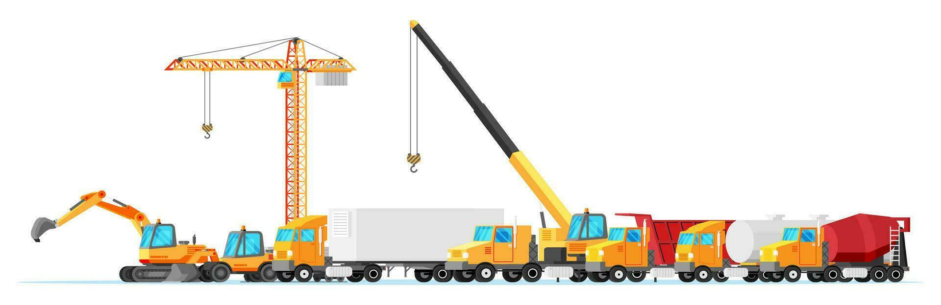 Building and Transportation Machines Icon Set. Construction Equipment Collection Isolated on White. Tower Crane, Crane Truck, Excavator, Bulldozer. House Building Machine. Flat Vector Illustration