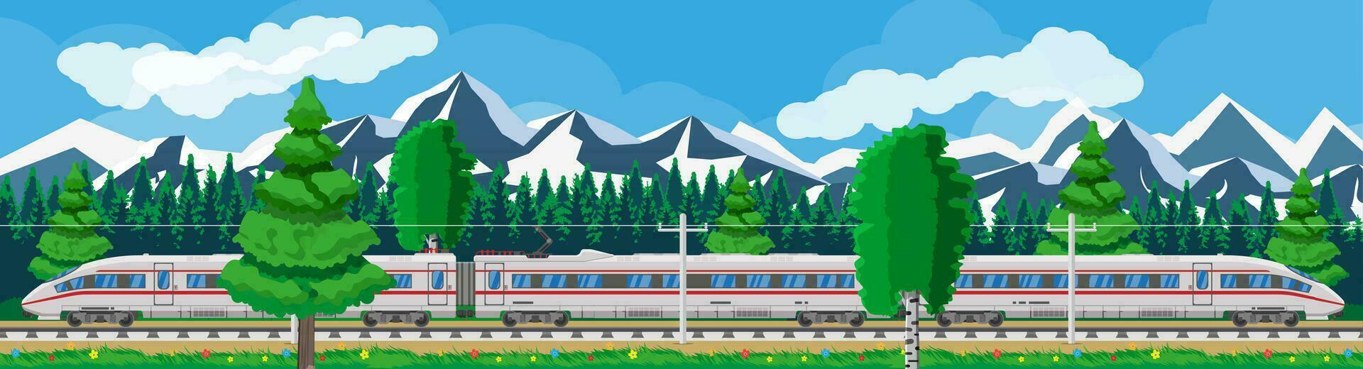 alto velocidad tren y verano paisaje con montañas. súper simplificado tren. pasajero Rápido ferrocarril locomotora. ferrocarril público transporte. rápido transporte concepto. plano vector ilustración