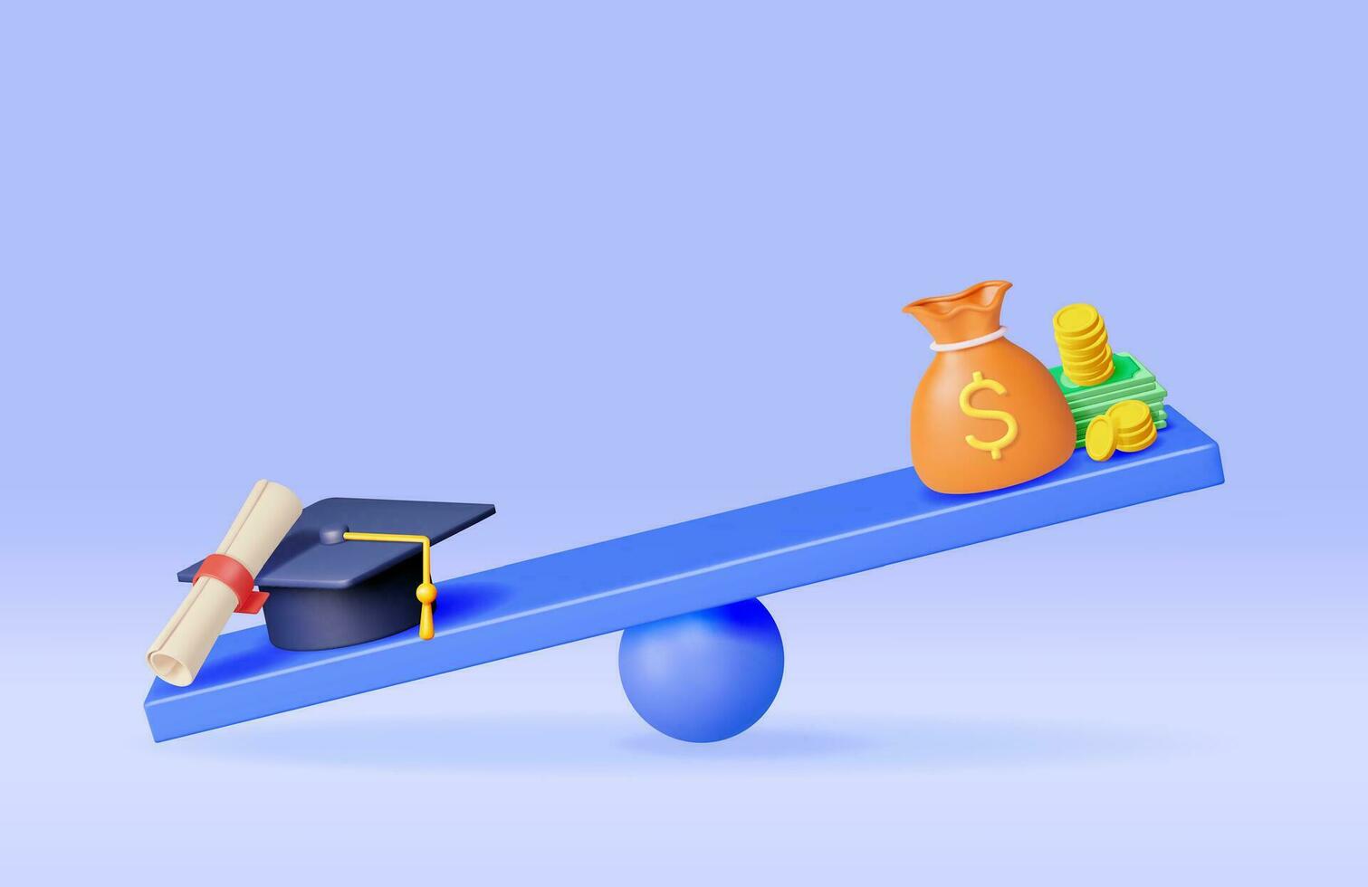 3D Graduation Cap with Diploma and Cash Money on Scales. Render Money with Graduation Hat on Scales. Education Cost Concept. Money Spending on Education, Investment in Future. Vector Illustration