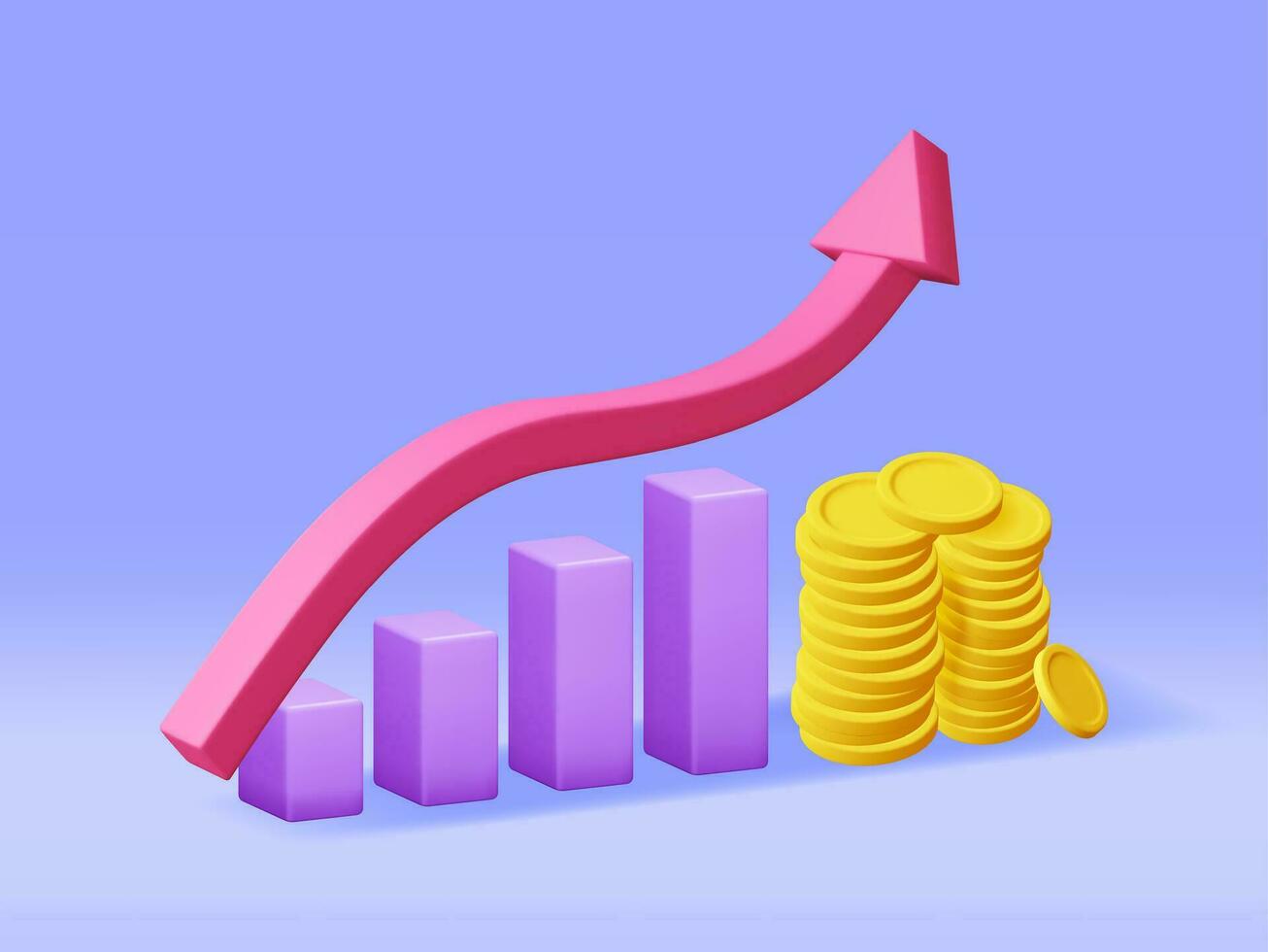 3D Growth Stock Chart Arrow with Golden Coins. Render Stock Arrow with Money Shows Growth or Success. Financial Item, Business Investment Financial Market Trade. Money and Banking. Vector Illustration