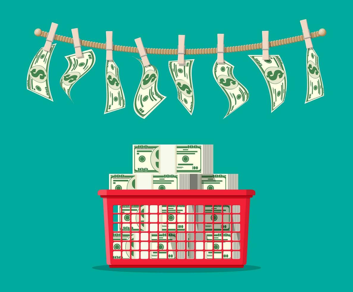 Wet dollar bills hanging on rope attached with clothes pins. Money laundering concept. Dirty money. Hidden wages, salaries black payments, tax evasion, bribe. Anti corruption. Flat vector illustration