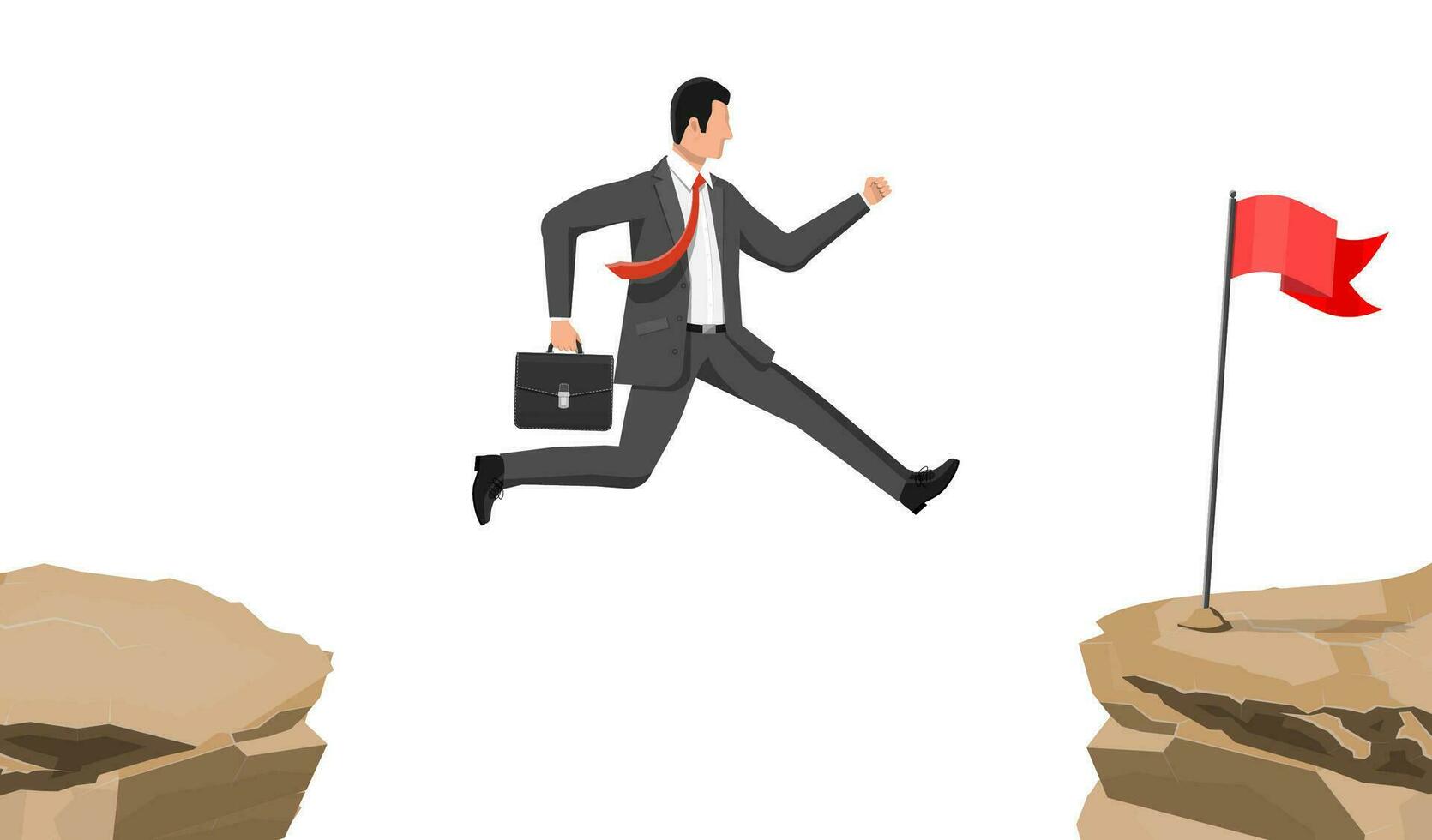 Businessman jumps to goal through abyss. Business man in suit with briefcase jump between gap. Obstacle on road, financial crisis. Risk management challenge. Flat vector illustration