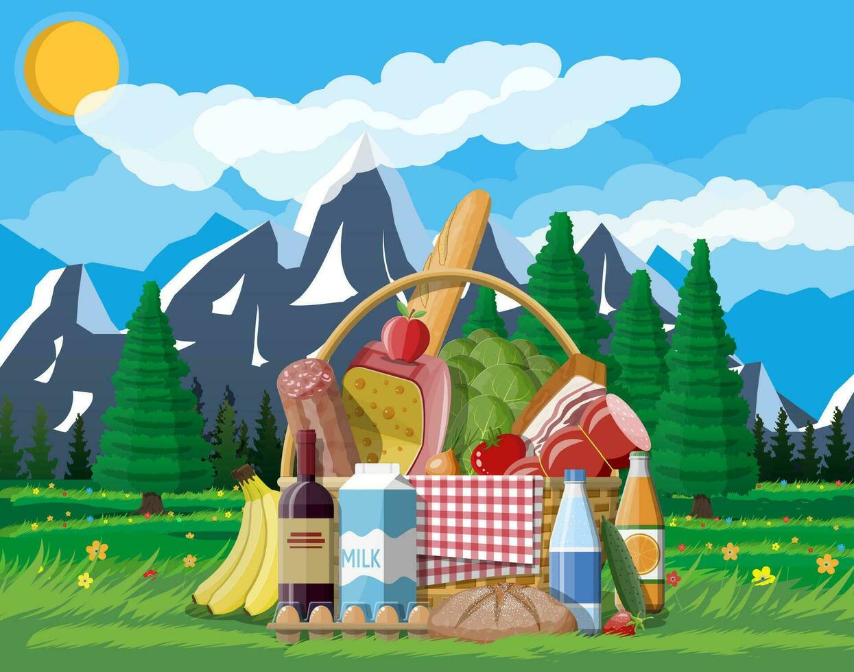 WIcker picnic basket full of products. Wine, sausage, bacon and cheese, apple, tomato, cucumber, salad, orange juice. Grass, flowers, sky with clouds and sun. Vector illustration in flat style