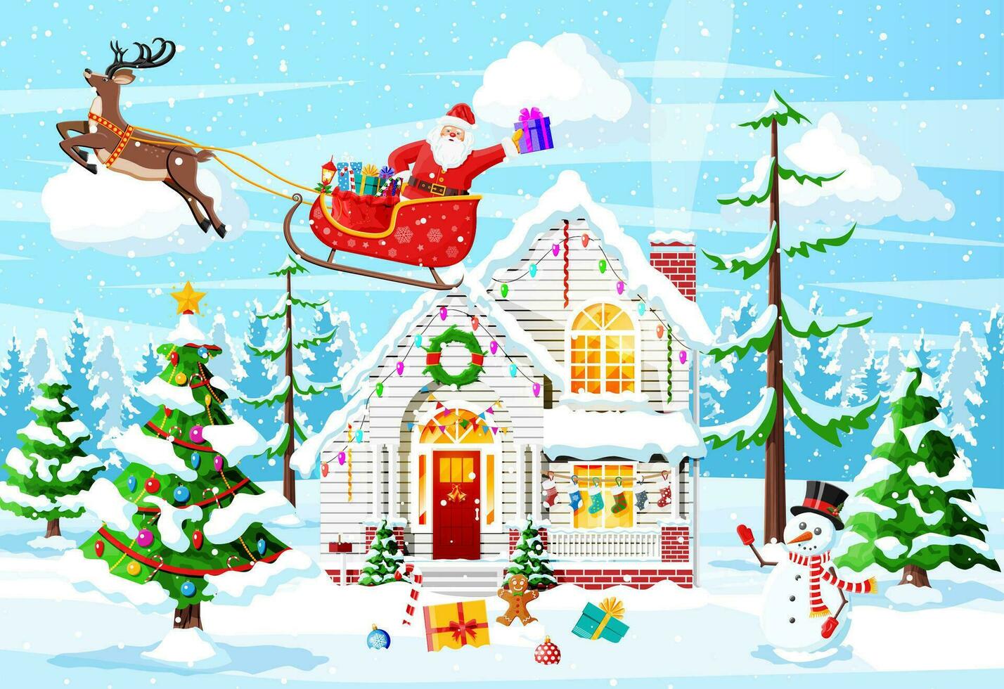 Suburban House Covered Snow. Building in Holiday Ornament. Christmas Landscape Tree, Snowman Santa Sleigh Reindeers. New Year Decoration. Merry Christmas Holiday Xmas Celebration. Vector illustration