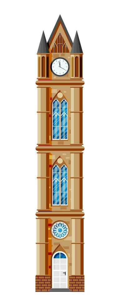 Clock Tower Isolated on White. Medieval Building of Old Town. European Castle Tower with Spire and Clock. Historic Bell Tower with Windows and Door. Cartoon Flat Vector Illustration