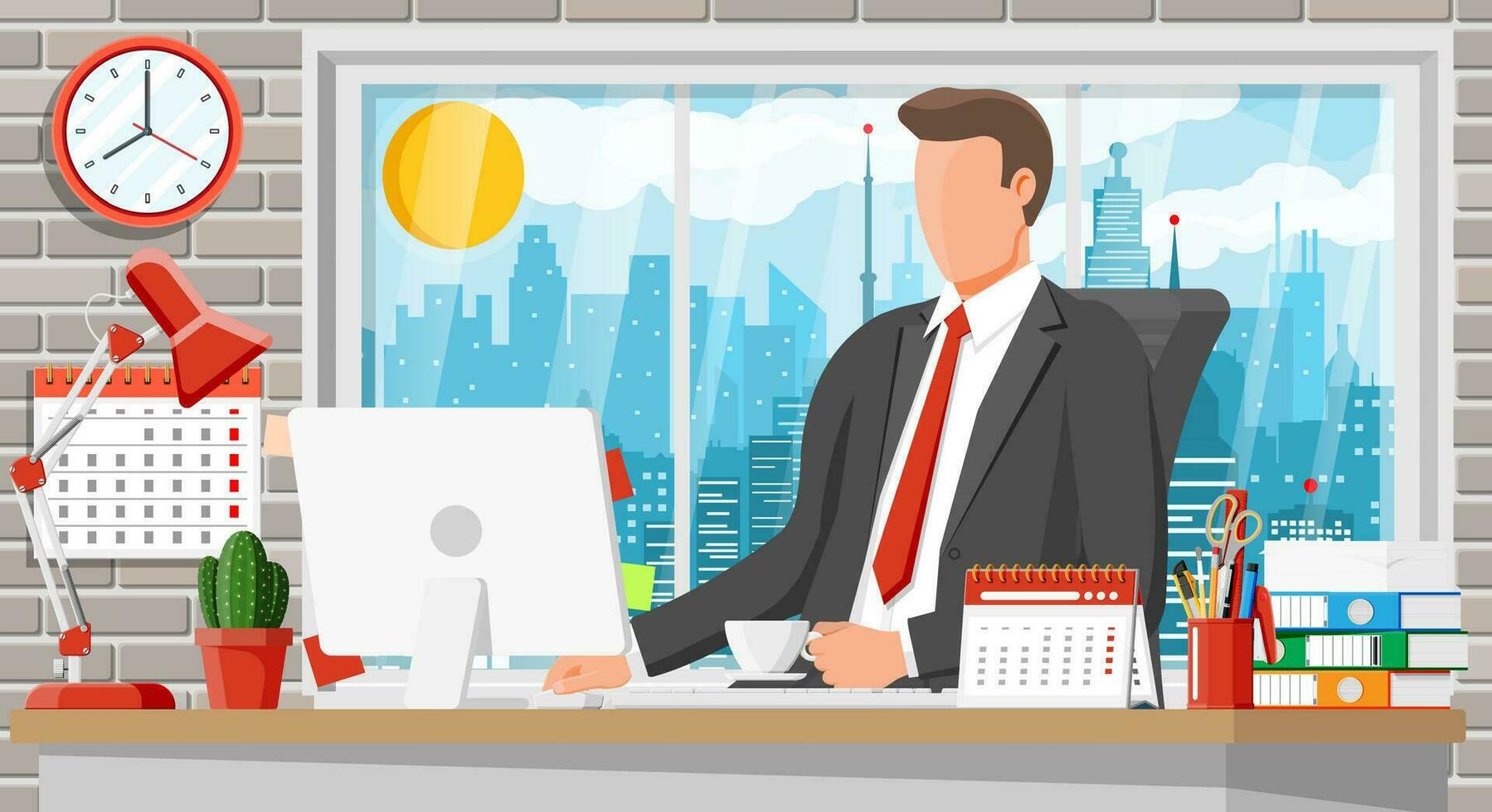 Office building interior. Businessman at desk with computer, chair, lamp, books and document papers. Window with cityscape. Modern business workplace. Cartoon flat vector illustration