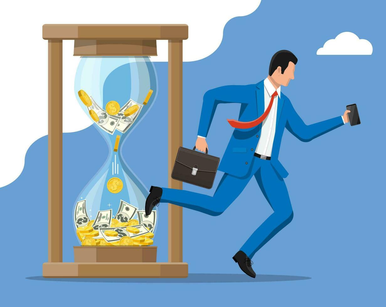 Businessman is fast running with waving necktie and briefcase near hourglass. Time management. Business man rushing hurry to get on time. Time is money. Flat vector illustration