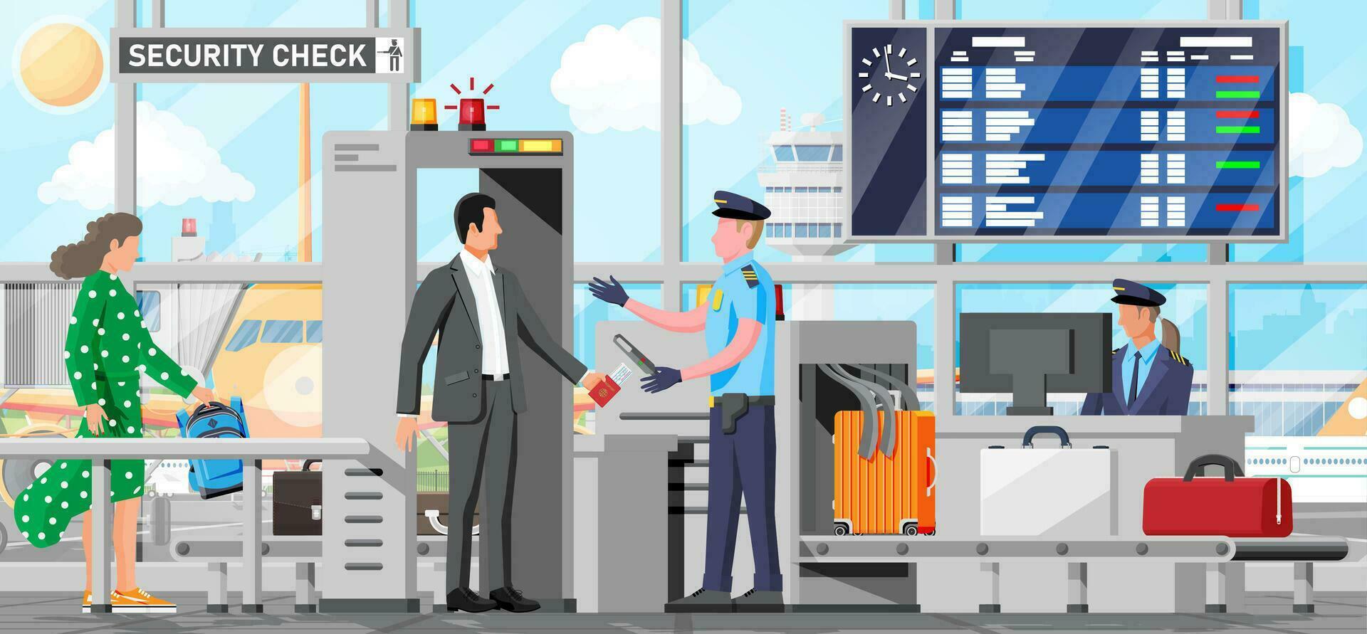 aeropuerto seguridad escáner interior. transportador cinturón con pasajero equipaje. equipaje carrusel escanear con gente. paquete radiografía equipaje. seguridad, logístico y entrega. dibujos animados plano vector ilustración