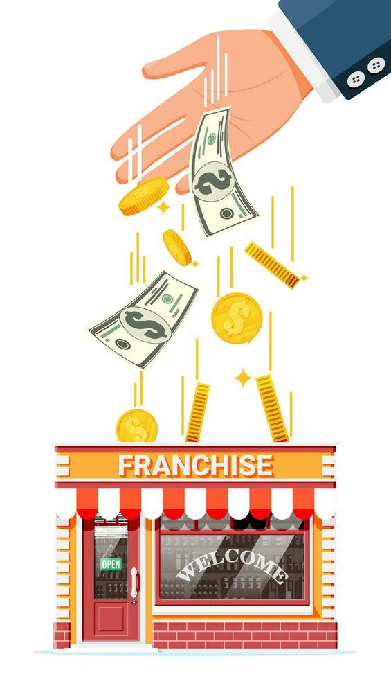 Franchise business for sale. Franchising shop building or commercial property. Real estate business promotional, sme startup crowdfunding. Selling buying new business. Flat vector illustration