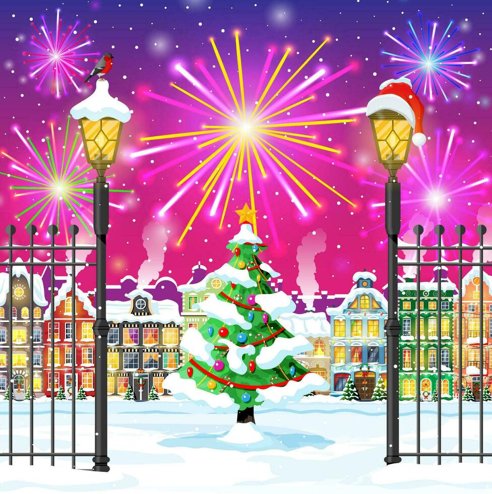 Christmas Card with Urban Landscape and Fireworks. Cityscape with Colorful Houses with Salute in Night. Winter Village Cozy Town City Panorama. New Year Christmas Xmas Banner. Flat Vector Illustration