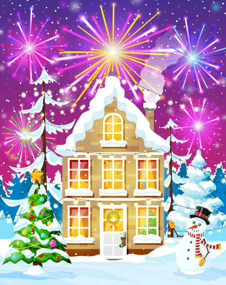 Christmas Card with Urban Landscape and Fireworks. Cityscape with Colorful Houses with Salute in Night. Winter Village Cozy Town City Panorama. New Year Christmas Xmas Banner. Flat Vector Illustration