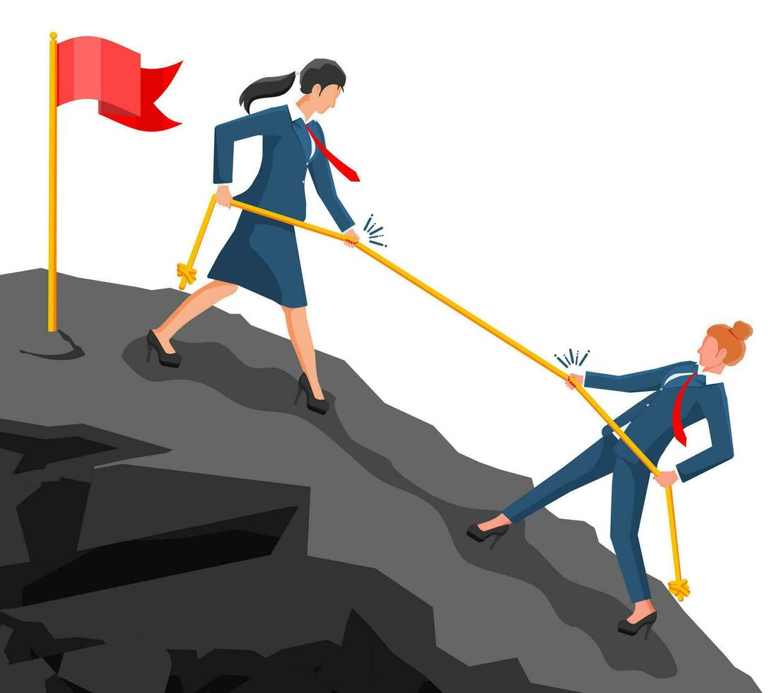 Group of Business Woman Climbing on Mountain Peak. Symbol of Team Work, Victory, Successful Mission, Goal and Achievement. Trials and Testing. Win, Business Success. Flat Vector Illustration