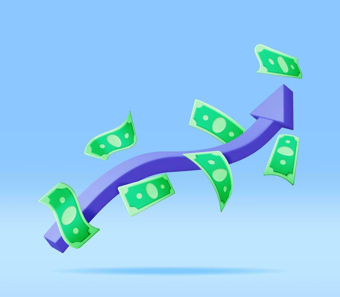 3D Growth Stock Chart Arrow with Dollars. Render Stock Arrow with Money Shows Growth or Success. Financial Item, Business Investment Financial Market Trade. Money and Banking. Vector Illustration