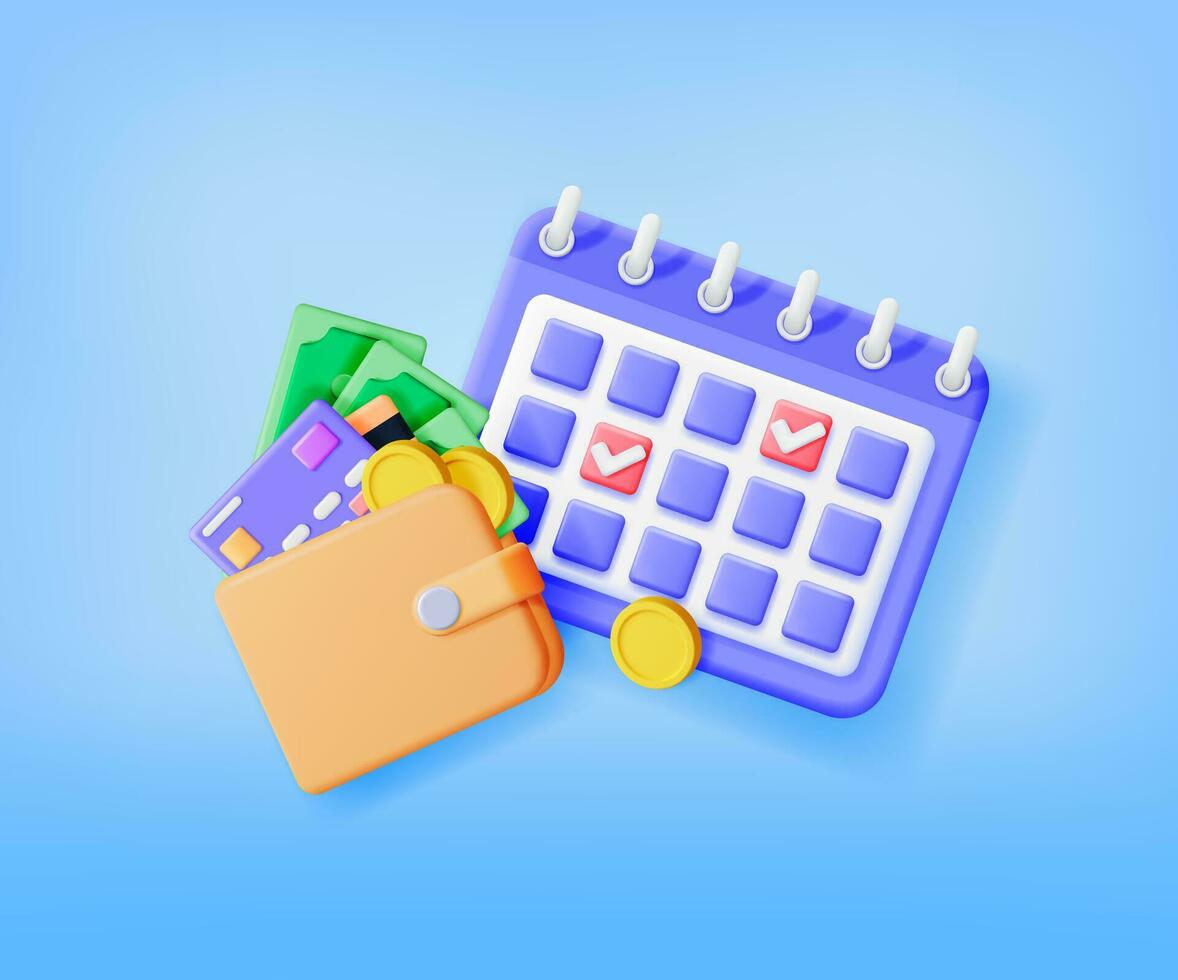 3d calendario y billetera con efectivo aislado. hacer hora es dinero concepto. anual ganancia, financiero inversión, ahorros, banco depósito, futuro ingreso, negocio dinero beneficio. vector ilustración