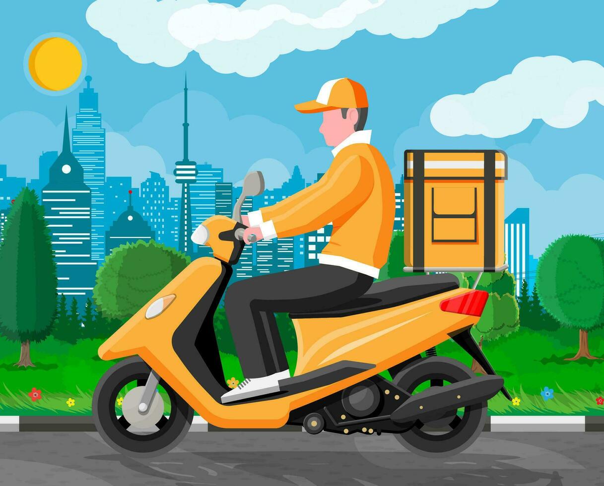 entrega hombre montando moto scooter con el caja. concepto de rápido entrega en el ciudad. masculino mensajero con paquete o empaquetar caja en su espalda con bienes, comida y productos dibujos animados plano vector ilustración