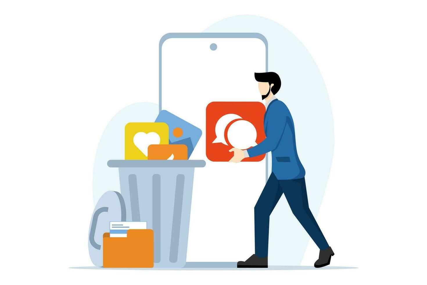 Concept of character cleaning cell phone from junk files. people delete documents with software. Users delete folders with documents, photos, videos, games to the trash, clear the cache. vector. vector