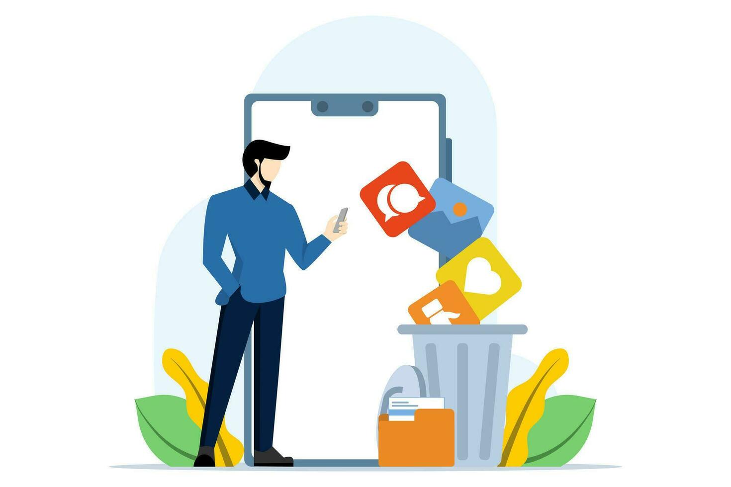 Concept of character cleaning cell phone from junk files. people delete documents with software. Users delete folders with documents, photos, videos, games to the trash, clear the cache. vector. vector