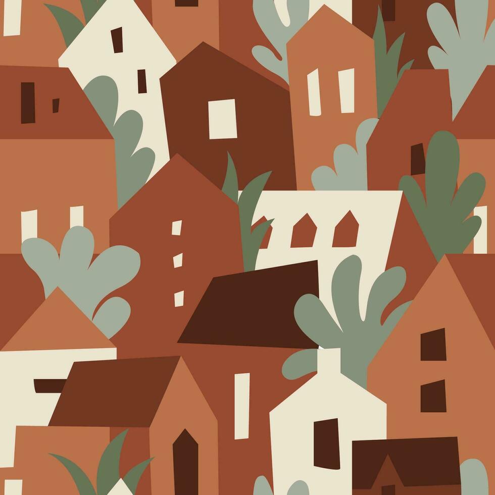 Modern seamless pattern with abstract houses and trees. vector