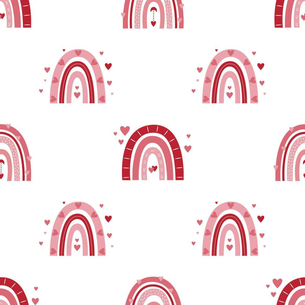 Valentine's day seamless pattern with rainbows and hearts on white background. vector