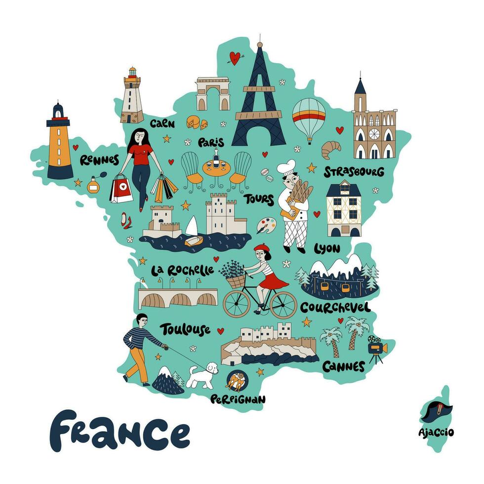 Map of France with its architecture, culture, and french people. vector