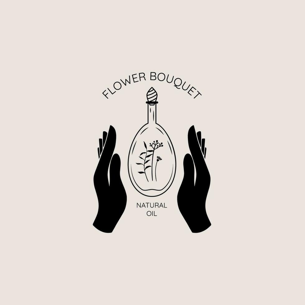 Minimalistic logo with female hands holding a glass bottle with herbs. vector