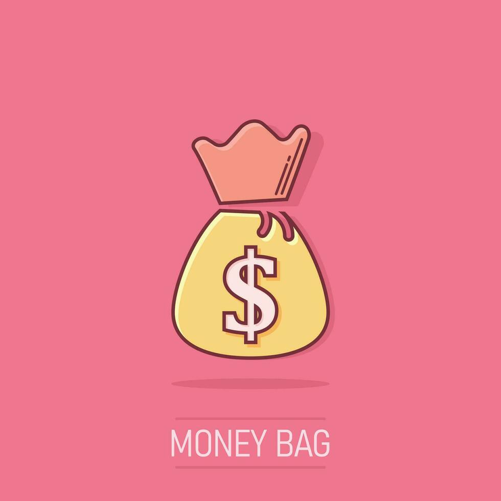 icono de bolsa de dinero de dibujos animados de vector en estilo cómico. bolsa de dinero con pictograma de ilustración de dólar. concepto de efecto de salpicadura de saco de dinero en efectivo.